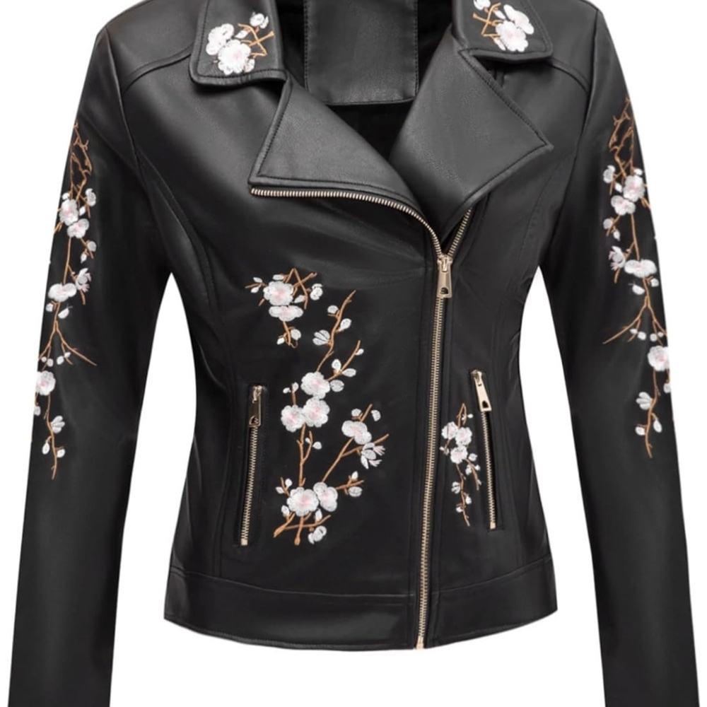 Cherry Blossam Embroidered Leather Jacket